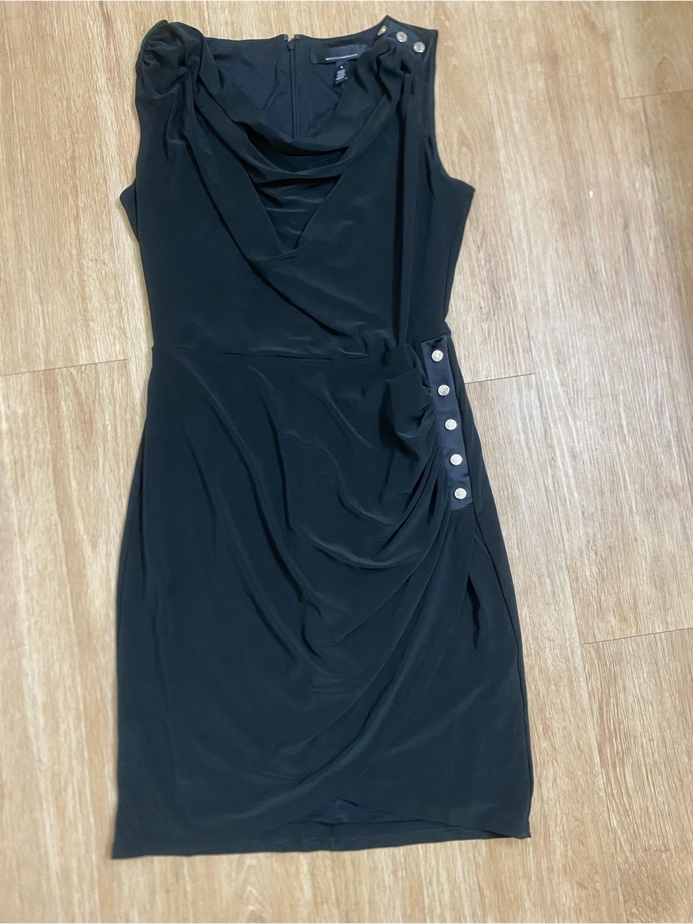 White House Black Market Black Sleeveless Draped Mini Dress with Button Detail - Picture 2 of 7